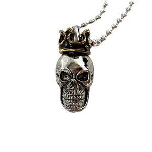 Silver Skull w/ Gold Crown Costume Jewelry Goth Biker Necklace NWT NOS Y2K